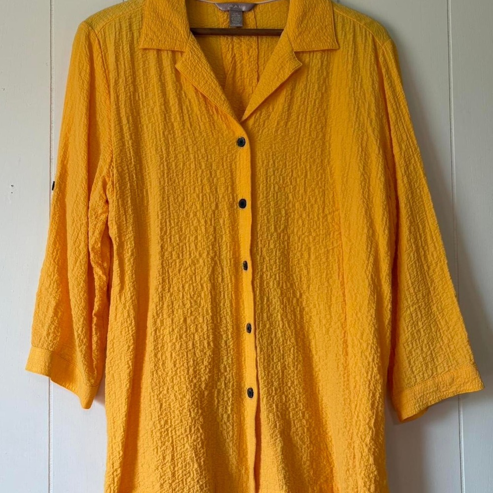 White Stag Yellow Crinkle Button Front Blouse 3/4 Sleeve Size Large